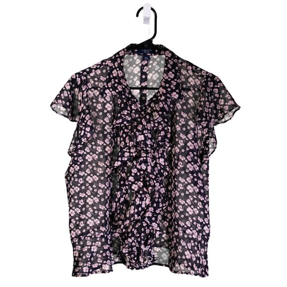 Chaps Ralph Lauren Women's Blouse Black Pink Floral Ruffle Sheer Spring Top PXL - Picture 1 of 9